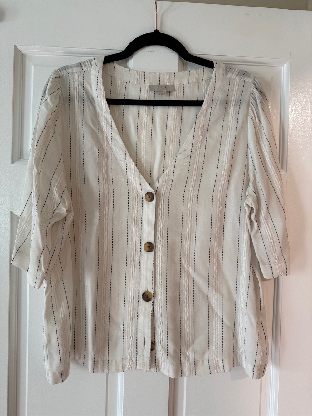 LOFT Cream Striped Button-Front Blouse